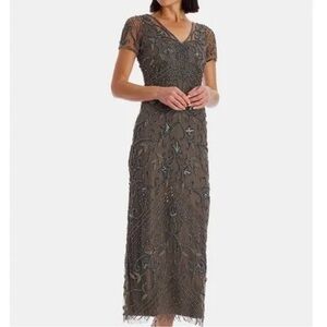 PISARRO NIGHTS Long Beaded Dress Evening Gown V-Neck Lined 8